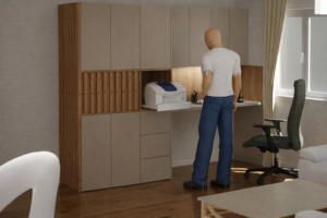 zabudowa biura w domu na wymiar z biurkiem i szafkami